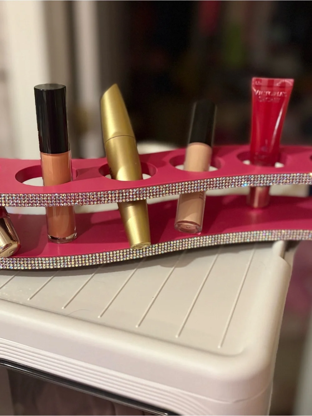 Hot Pink “Barbie Themed” make up organizer with Rhinestone accents!